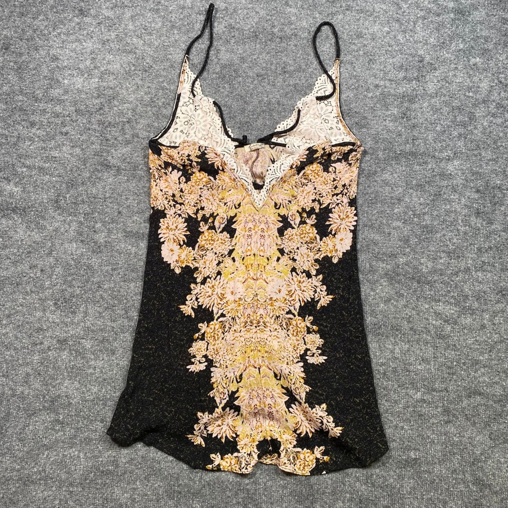 Floral Lace-Trim Slip Mini Dress in Black and Gold